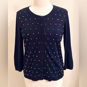 Talbots Charming Collection Navy Blue Embroidered Dot Front Button Cardigan SZ M